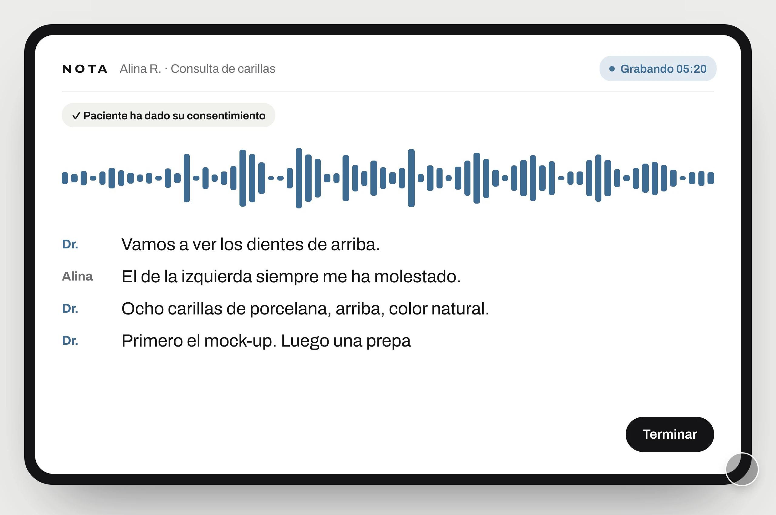 NOTA grabando una consulta en un iPad, con la transcripción en directo