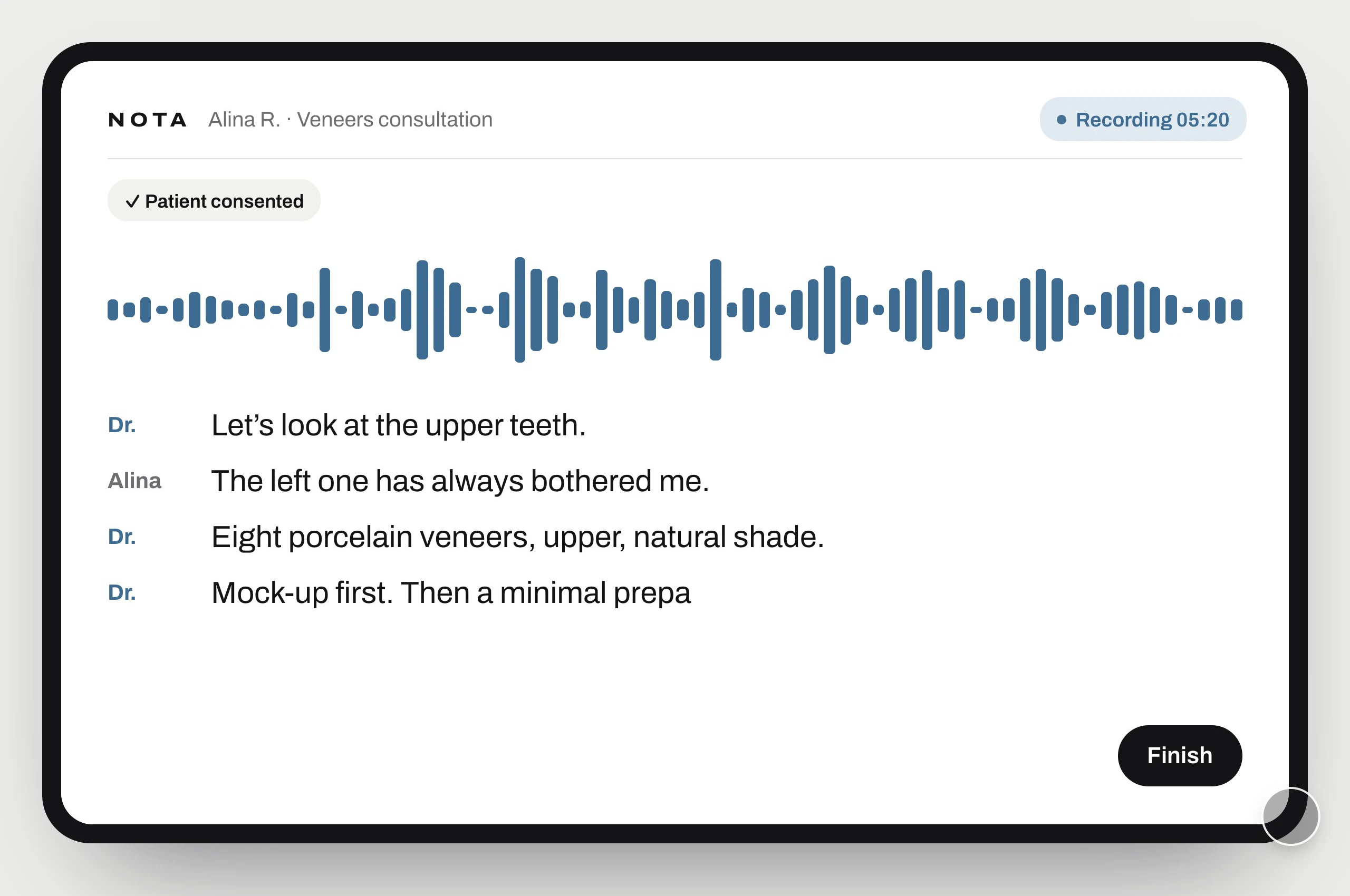 NOTA recording a consultation on an iPad, with the live transcript